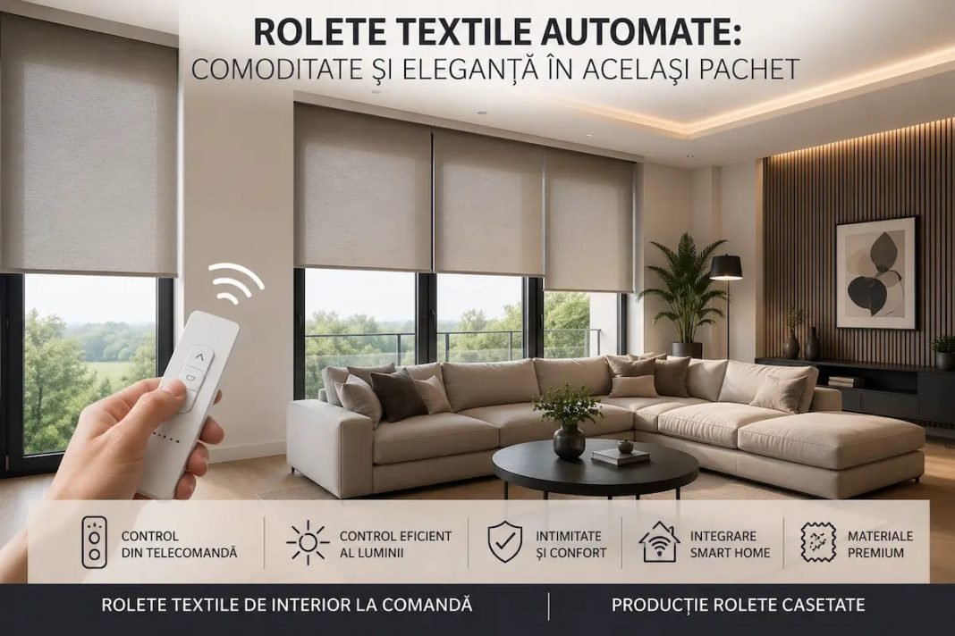 Living modern cu rolete textile automate controlate prin telecomandă pentru reglarea luminii și a intimității