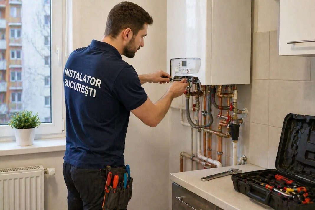 Instalator care repară instalații sanitare într-un apartament din Sector 5 București